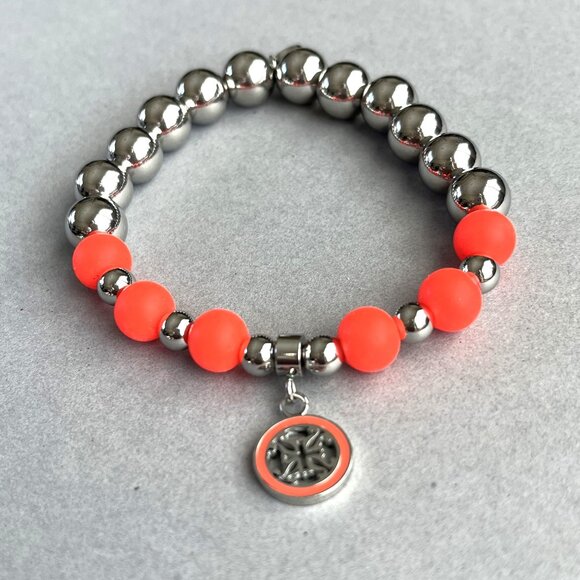 Rustic Cuff Bright Orange and Stainless Beaded Stretch Logo Bracelet - Picture 1 of 2